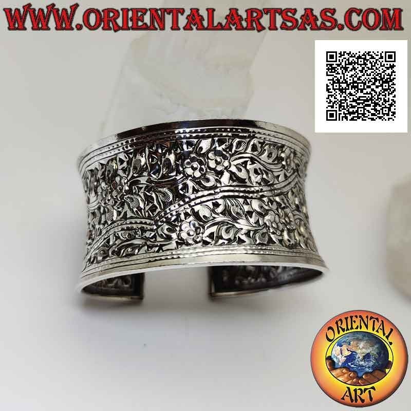 35 mm breites konkaves 925 Rigido Silber starres Armband mit handgemeißelten Blumenmotiven