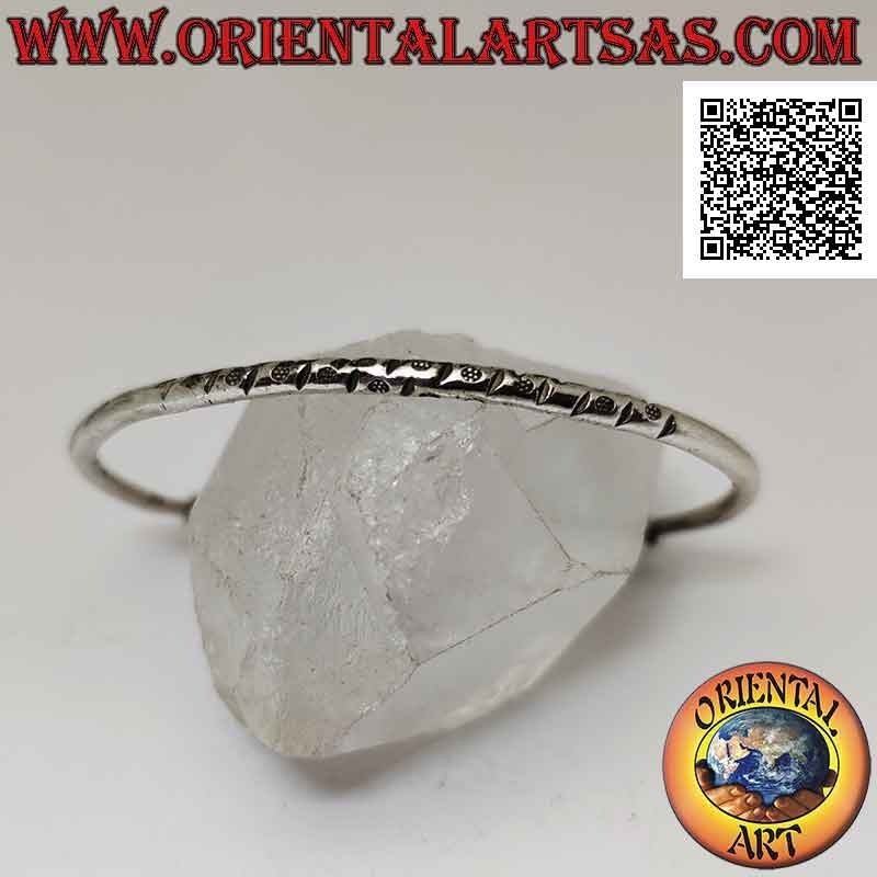 Pulsera rígida redonda en plata 925 ‰ con grabados centrales y trío de donas móviles en los terminales