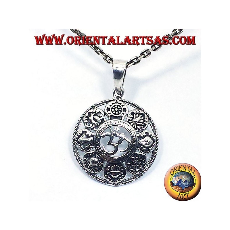argent Om pendentif avec les huit symboles auspicieux
