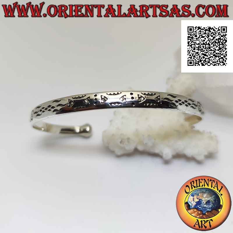 Rigid bracelet in 925 ‰ silver abstract geometric engravings and terminal ball