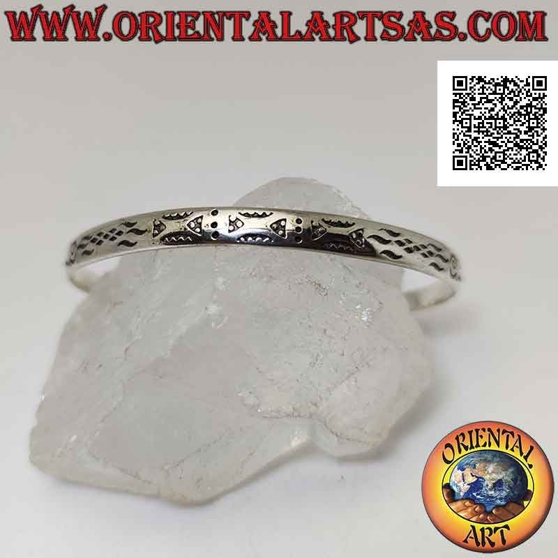 Bracelet rigide en argent 925 ‰ gravures géométriques abstraites et boule terminale