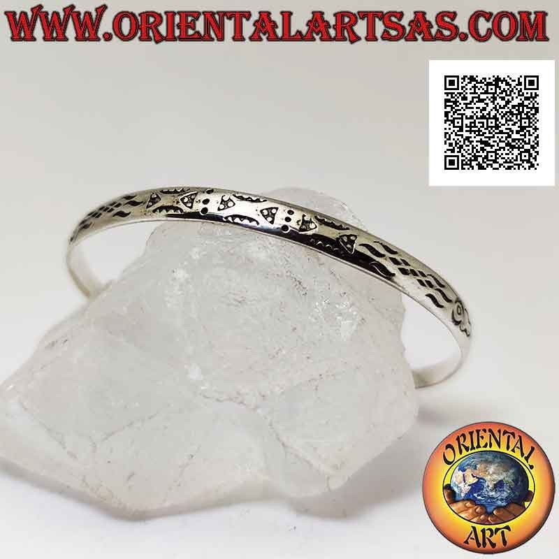 Starres Armband in 925 ‰ Silber abstrakte geometrische Gravuren und Endkugel