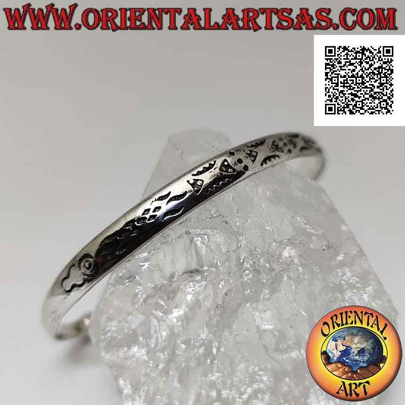 Rigid bracelet in 925 ‰ silver abstract geometric engravings and terminal ball