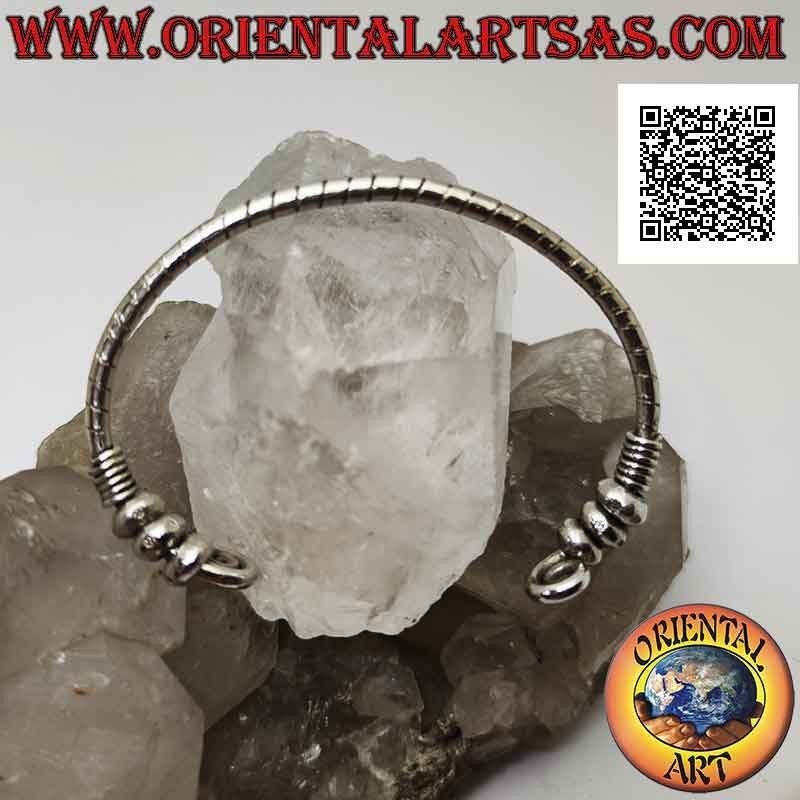 Bracelet rigide en argent 925 ‰ tubulaire rayé avec spirales aux extrémités et donuts mobiles
