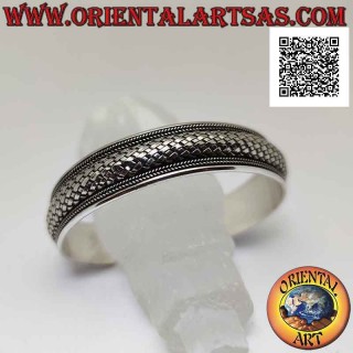Bracciale rigido in argento 925‰ largo con intreccio bombato (stile paglia) tra intrecci