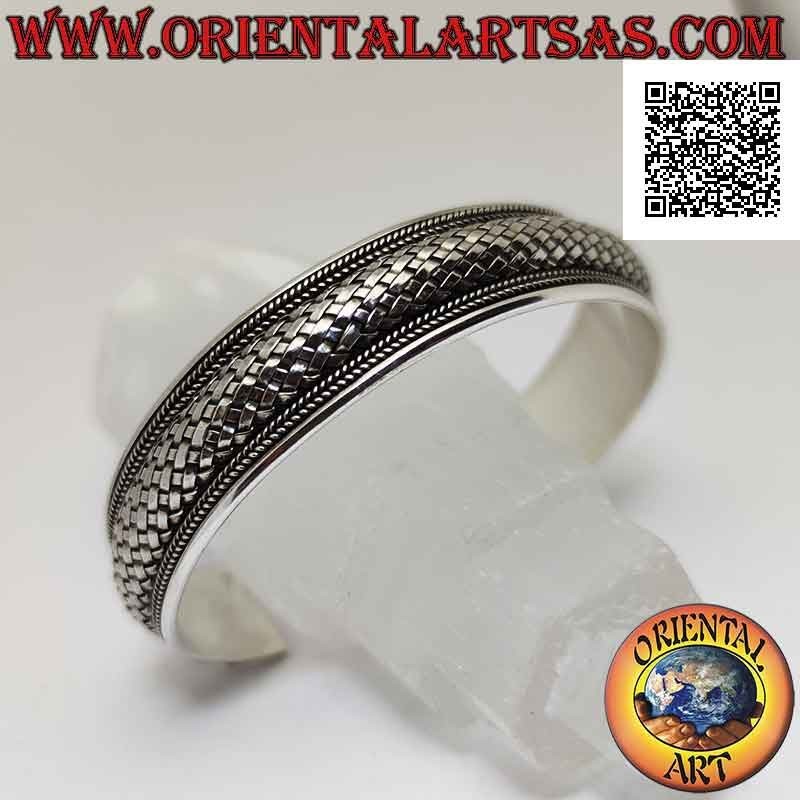 Pulsera ancha rígida en plata 925 ‰ con tejido redondeado (estilo paja) entre tejidos