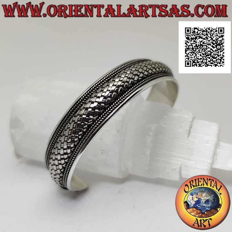 Pulsera ancha rígida en plata 925 ‰ con tejido redondeado (estilo paja) entre tejidos