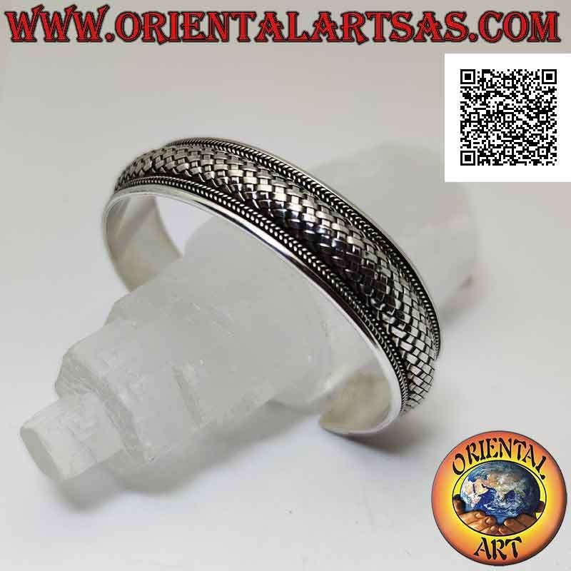 Wide rigid bracelet in 925 ‰ silver with rounded weave (straw style) between weaves