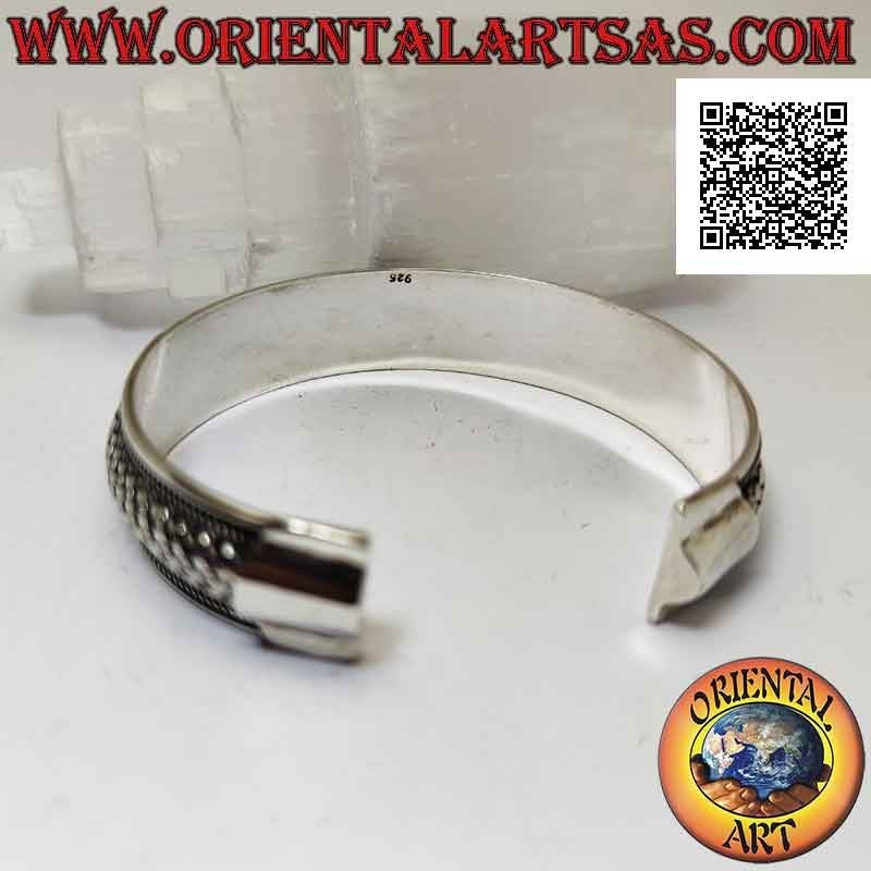 Pulsera ancha rígida en plata 925 ‰ con tejido redondeado (estilo paja) entre tejidos