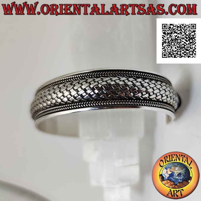 Bracciale rigido in argento 925‰ largo con intreccio bombato (stile paglia) tra intrecci
