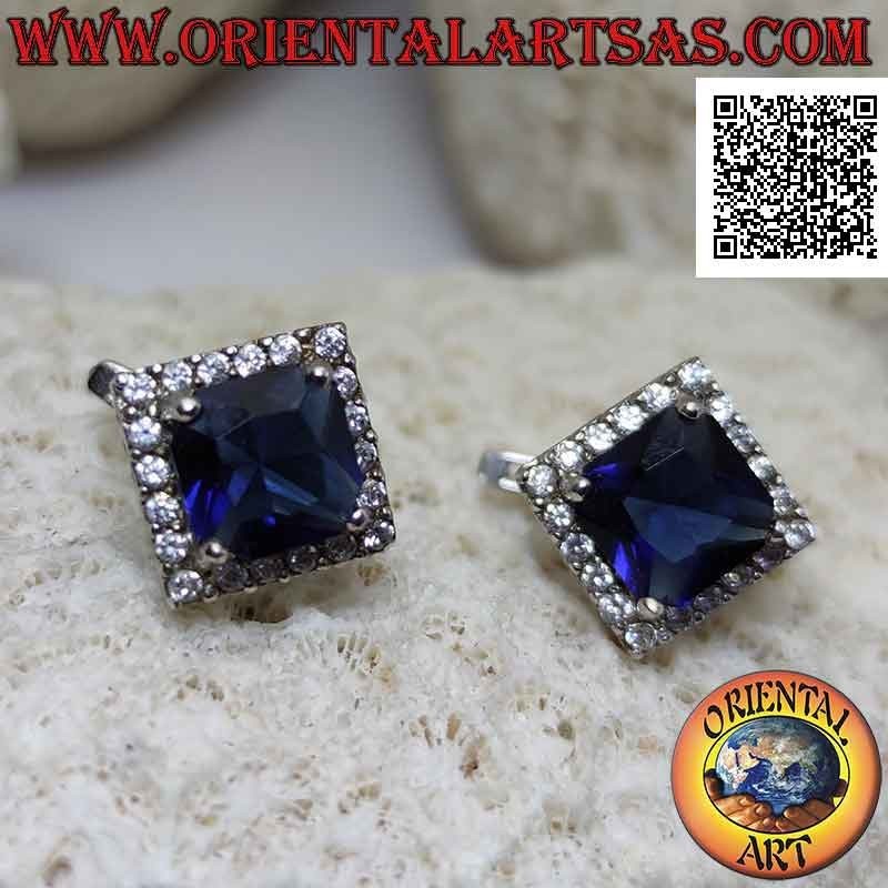 Silver earrings with square synthetic sapphire set surrounded by zircons and fretwork on the sides