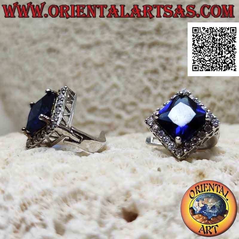 Silver earrings with square synthetic sapphire set surrounded by zircons and fretwork on the sides