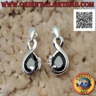 Pendientes de plata en forma de infinito con circonita espinela en forma de gota y trío de circonitas blancas