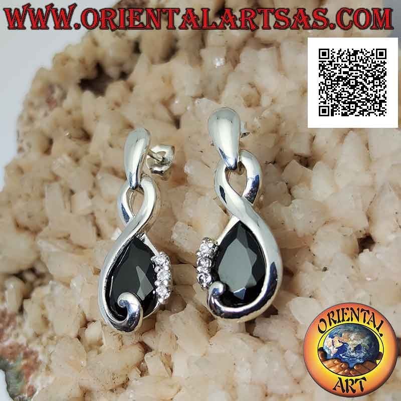 Pendientes de plata en forma de infinito con circonita espinela en forma de gota y trío de circonitas blancas