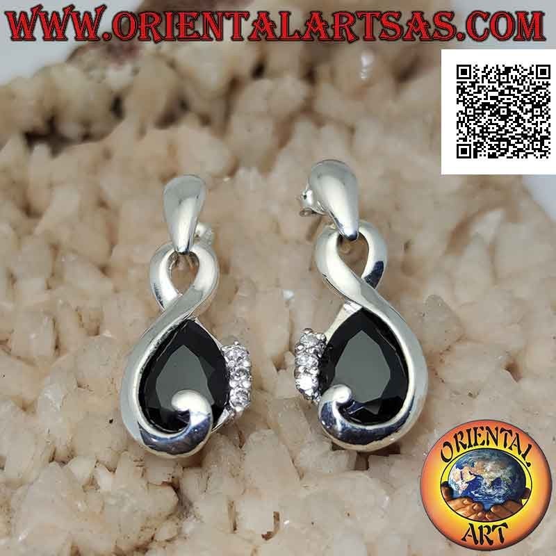 Pendientes de plata en forma de infinito con circonita espinela en forma de gota y trío de circonitas blancas