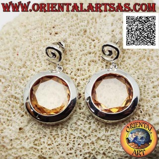 Pendientes de plata con lóbulo en espiral y gran circonita champagne facetada redonda con alambre de borde liso