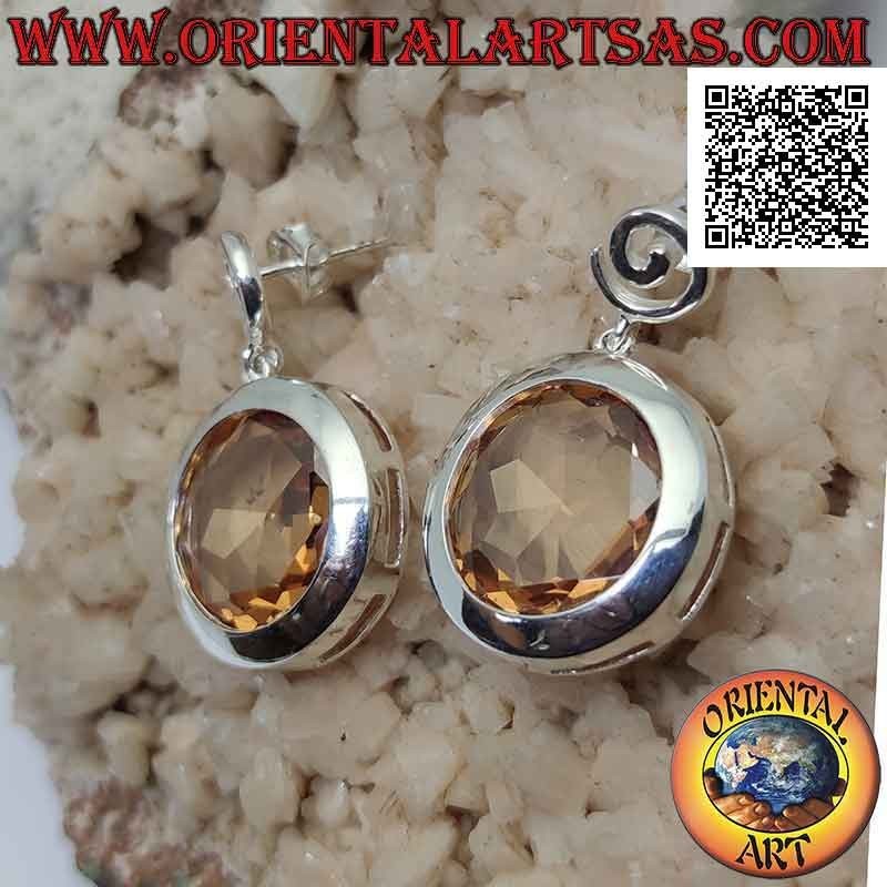 Orecchini in argento con spirale a lobo e grande zircone champagne tondo sfaccettato a filo bordo liscio