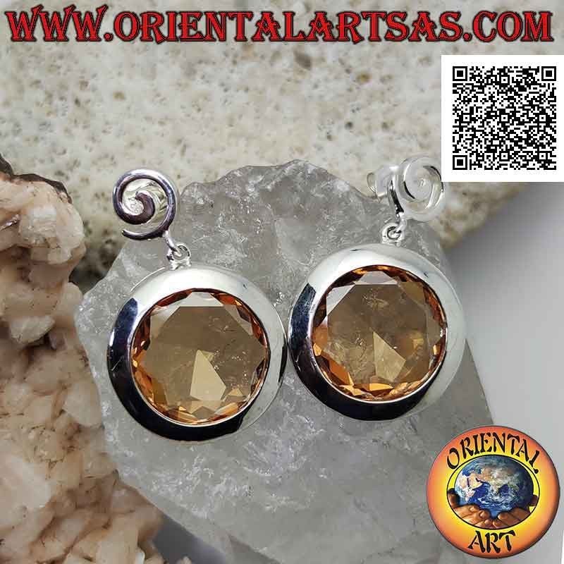 Orecchini in argento con spirale a lobo e grande zircone champagne tondo sfaccettato a filo bordo liscio