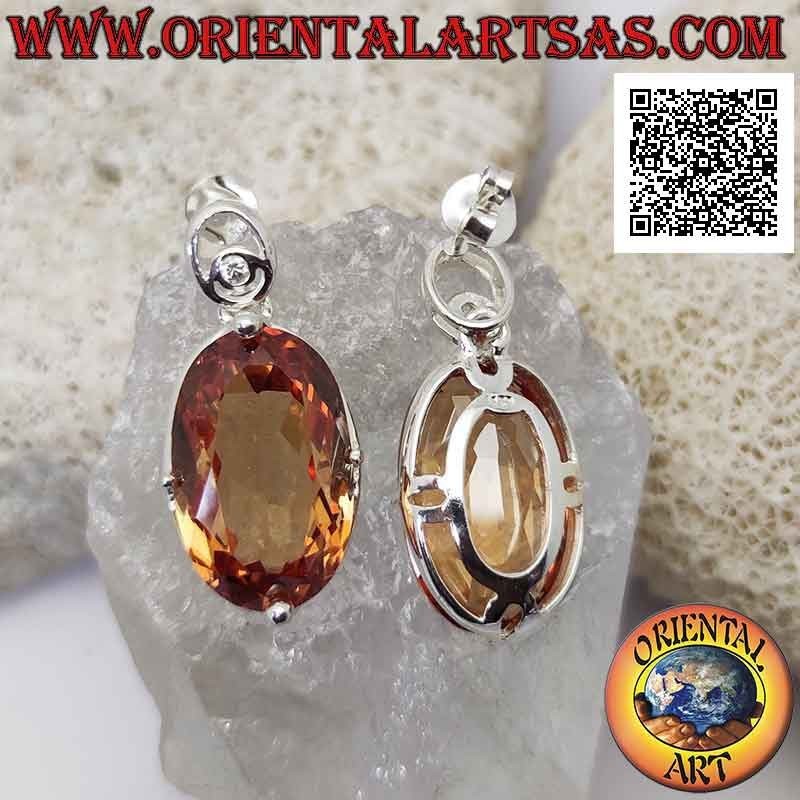 Silver lobe earrings with large faceted oval champagne zircon set in a smooth setting