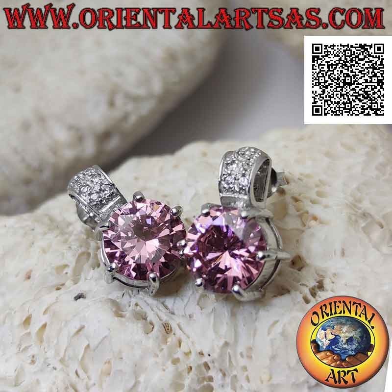 Silver lobe earrings with round faceted French zircon set and a band of zircons above