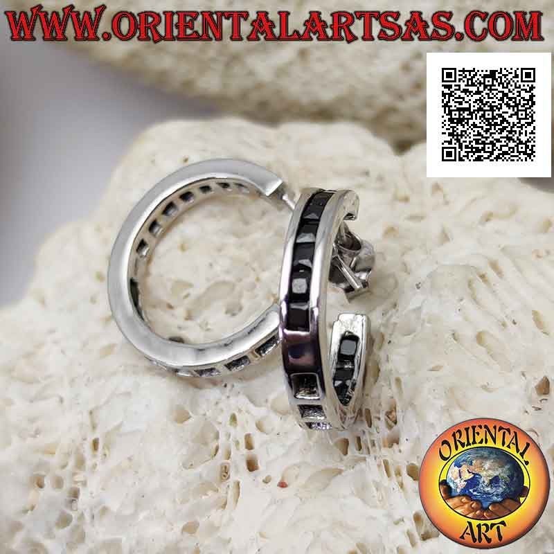 Simple squared circle silver earrings with 18 mm row of black zircons