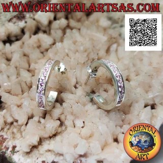 Simple squared circle silver earrings with a row of 20 mm pink zircons