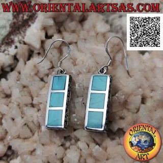 Silver rectangle earrings with three squares of turquoise paste with smooth edge and lateral opening