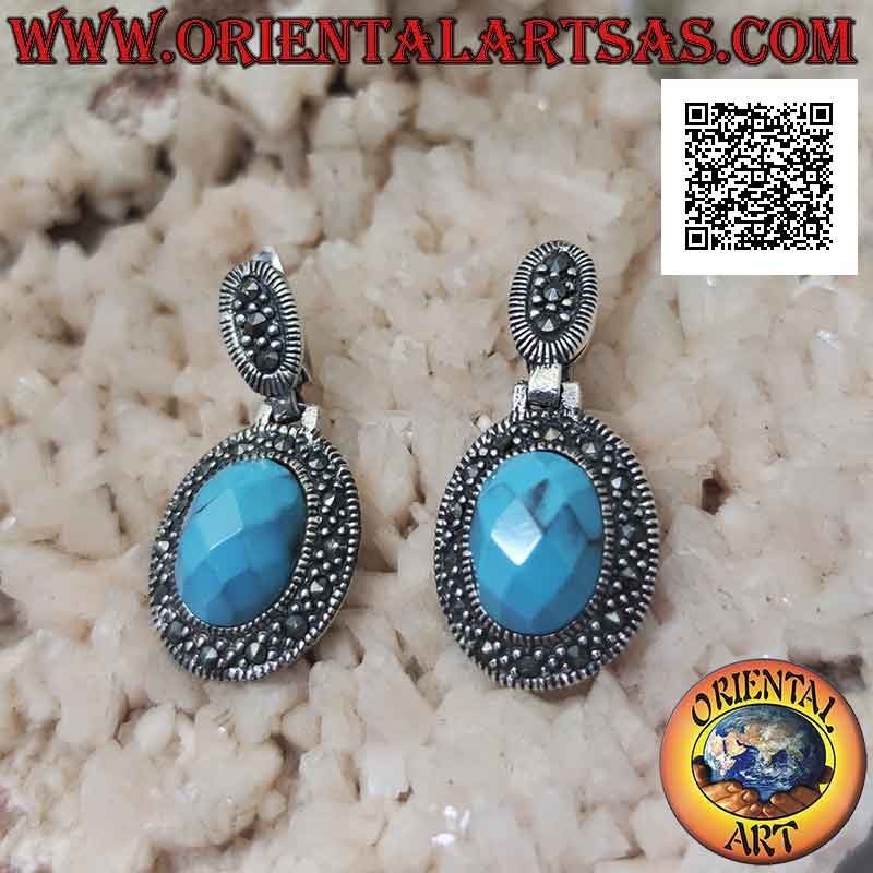 Boucles d'oreilles en argent avec pâte turquoise ovale facettée et saillante entourée de marcassite