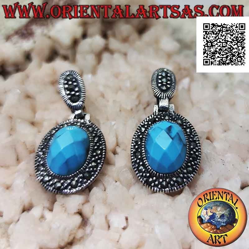 Orecchini in argento con pasta di turchese ovale sfaccettata e sporgente contornata da marcassite