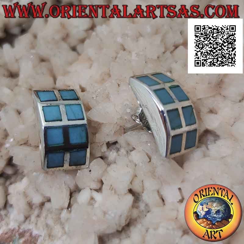 Curved rectangle silver earrings with six squares of turquoise paste with smooth edge