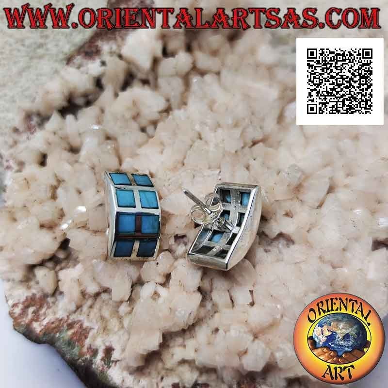 Pendientes de plata rectangulares curvos con seis cuadrados de pasta turquesa con borde liso