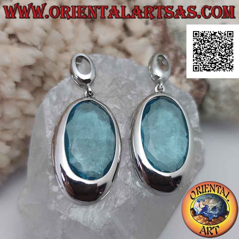 Silberne Lobe-Ohrringe mit großen facettierten ovalen blauen Zirkonen mit glatter Drahtkante