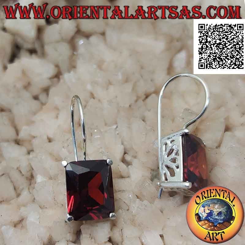 Silver pendant earrings with rectangular synthetic garnet set on a smooth frame with side openings