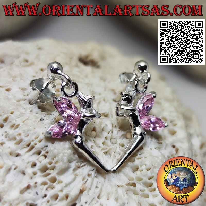 Boucles d'oreilles en argent avec boule lobe et fée avec pendentif ailes en zircon rose