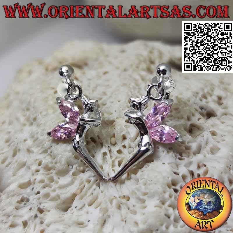 Orecchini in argento con pallina da lobo e fatina con ali di zircone rosa pendente