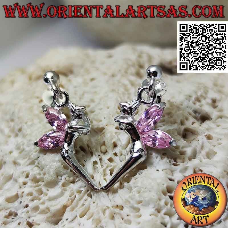 Silberohrringe mit Lobe Ball und Fee mit Anhänger rosa Zirkonia Flügel