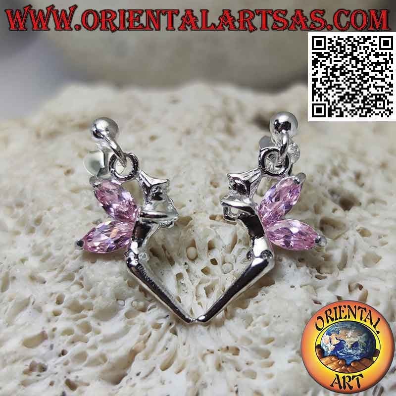 Orecchini in argento con pallina da lobo e fatina con ali di zircone rosa pendente