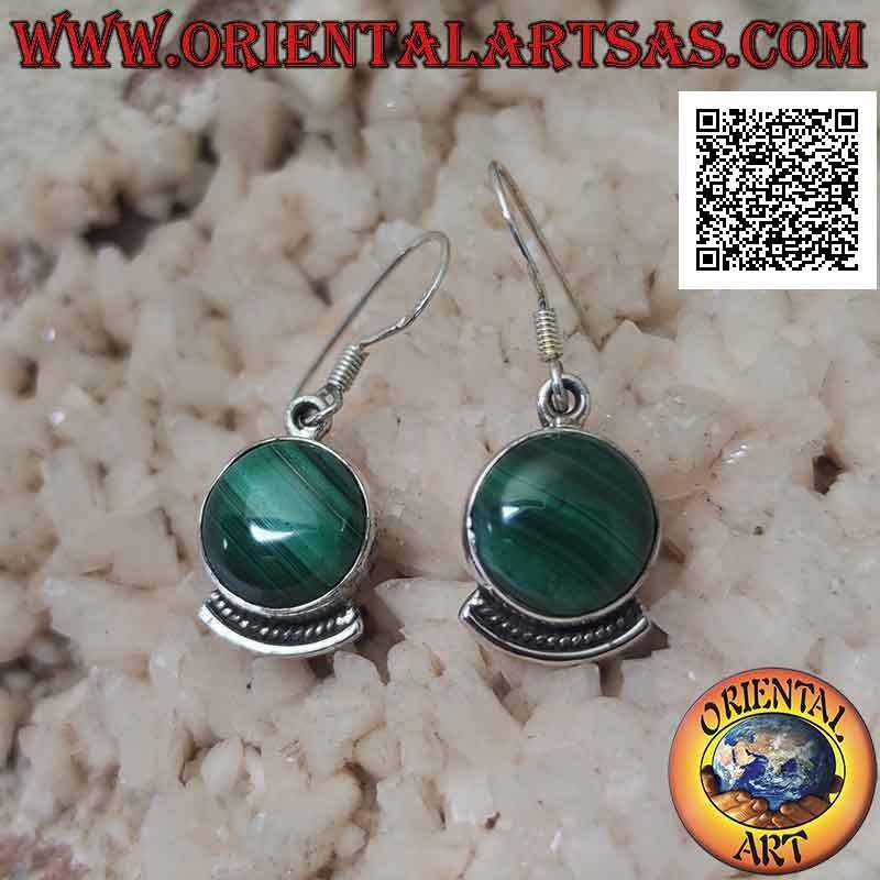 Silver earrings with natural round malachite and decorative bow underneath