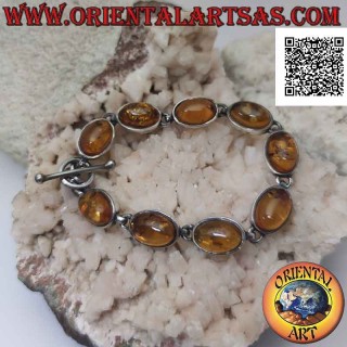 Pulsera de plata 925 ‰ con nueve cabujones ovalados de alambre de ámbar con borde liso