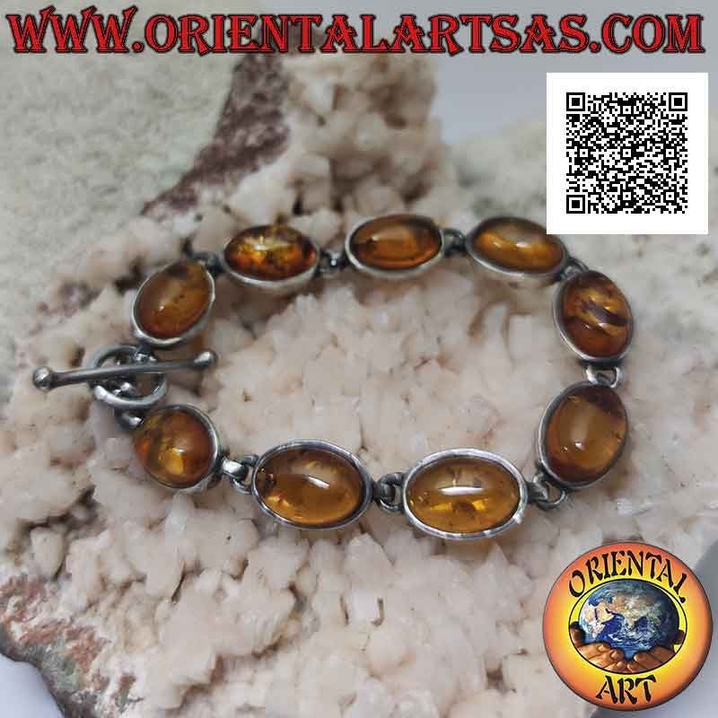 925 ‰ Silberarmband mit neun ovalen Cabochon-Bernsteindraht mit glatter Kante