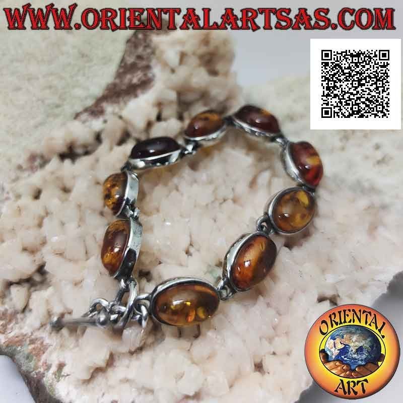 Pulsera de plata 925 ‰ con nueve cabujones ovalados de alambre de ámbar con borde liso