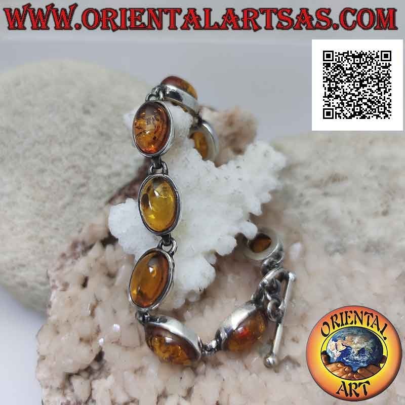 925 ‰ silver bracelet with nine oval cabochon amber wire with smooth edge