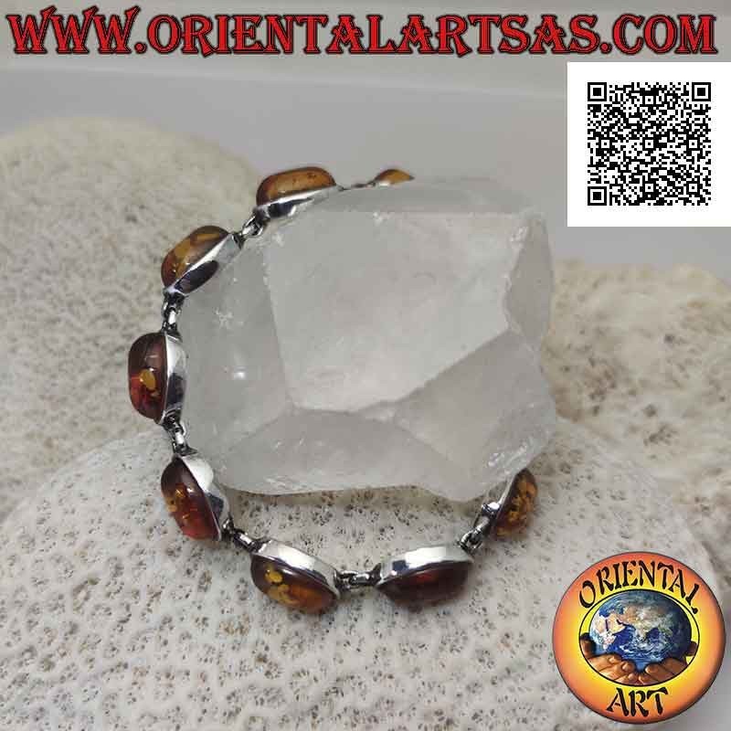 Pulsera de plata 925 ‰ con nueve cabujones ovalados de alambre de ámbar con borde liso