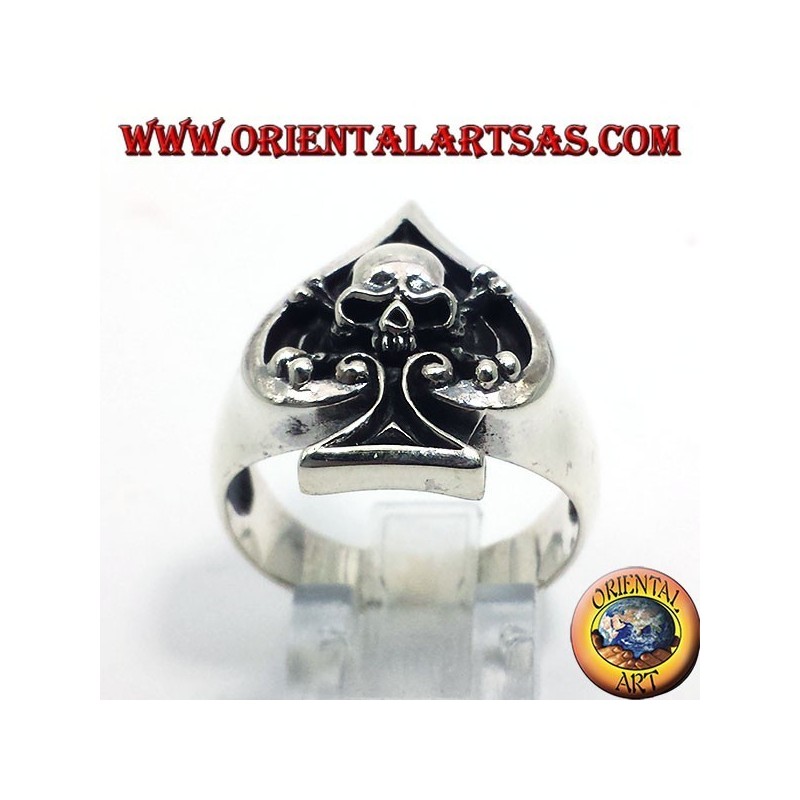 Anello Asso Picche Teschio Alto Rilievo Argento 925 - Gioiello Gotico Oriental Art