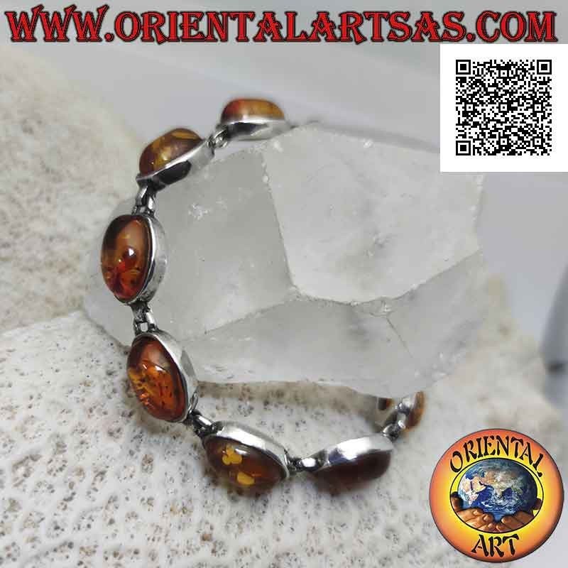 Pulsera de plata 925 ‰ con nueve cabujones ovalados de alambre de ámbar con borde liso