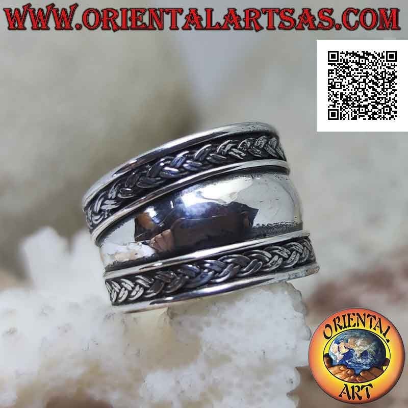 Bague large bande en argent avec double galon des deux côtés, Bali