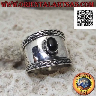 Wide band silver ring with oval onyx and intertwining on the sides, Bali (24)