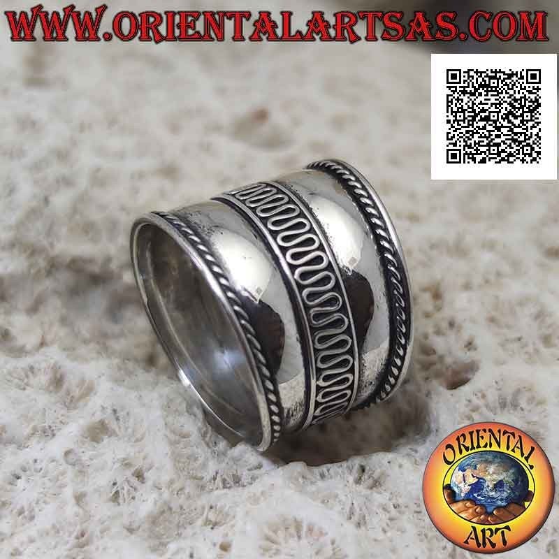 Wide band silver ring with central wavy line and side weaves, Bali