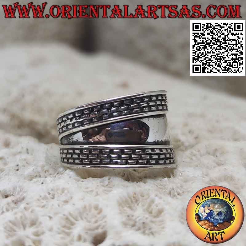 Bague large bande en argent avec hachures sur les bords, Bali