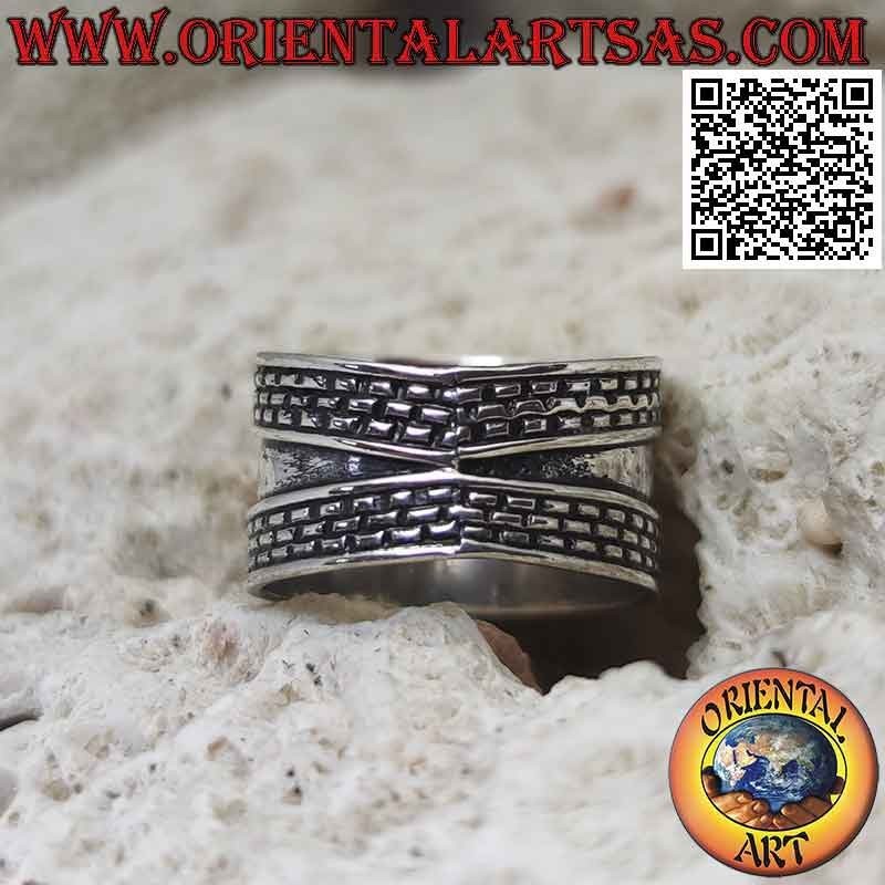 Breitband-Silberring mit Schraffur an den Rändern, Bali